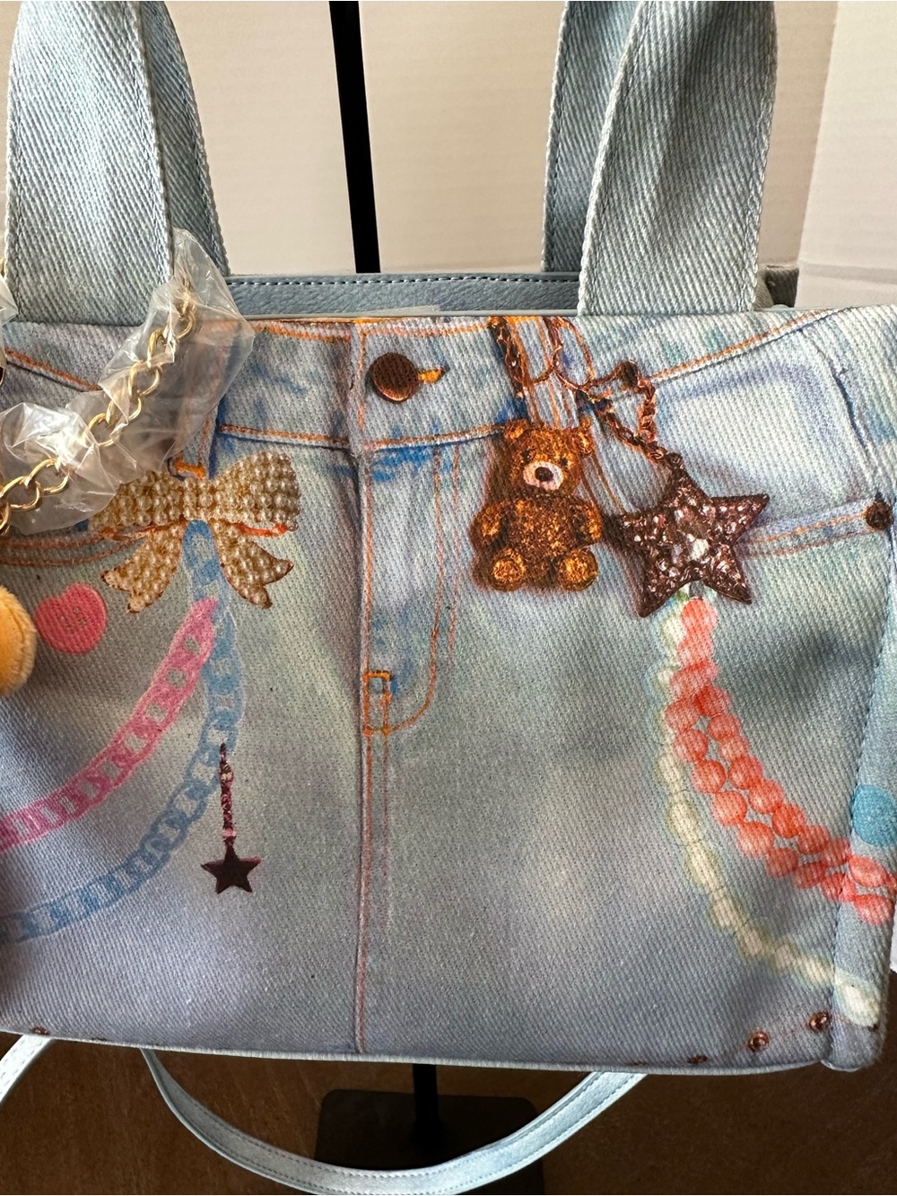 Betsey Johnson Light Blue Denim Tote with Teddy Charm w/ removable strap - Picture 2 of 16